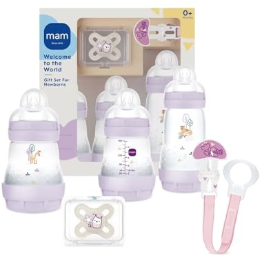 MAM Welcome To The World Geschenkset mit 3 Anti-Kolik-Fläschchen, Start Nano-Schnuller, Clip It! & Cover, mit Schnullerhülle, Rosa
