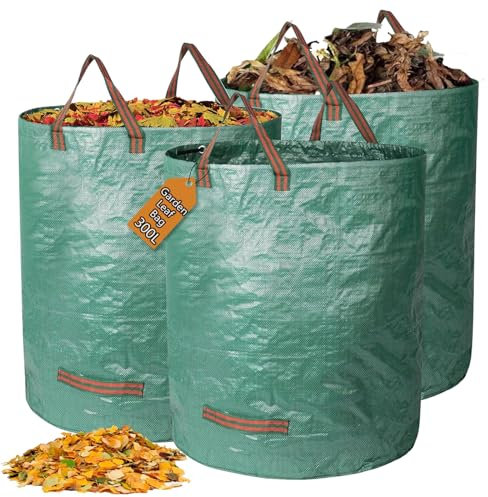 3 Pièces 300L Sac Jardinage Dechets,Sac Dechets Verts Resistant,Sac de Jardin Dechet Vert Renforcer,Reutisable,Pliable,Stable (67 x 84 cm)