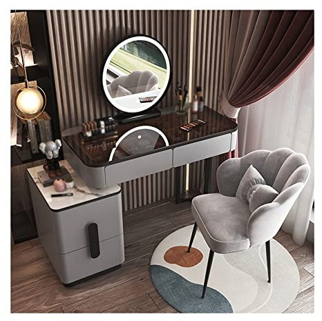 Juego de tocador de cristal, tocador, maquillaje, moderno, simple, avanzado, de madera, tocador, dormitorio, tocador, espejo inteligente, taburete de maquillaje, tocador, escritorio para mujeres/niña