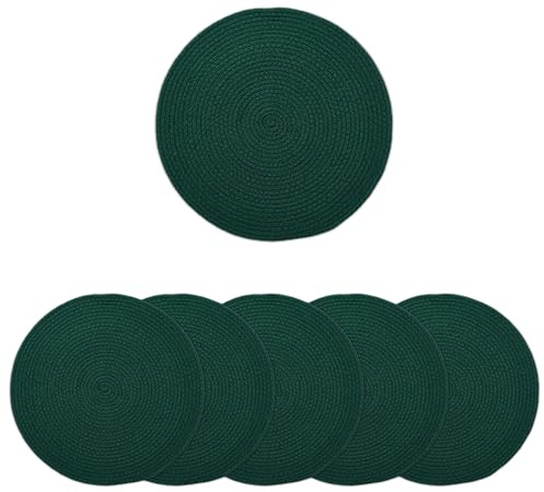 Encasa XO Dining Placemats Set of 6 | Cotton Round Table Mat - 32 cm Diameter | Dark Green | Handmade Rib Style Chargers for Diner Plates