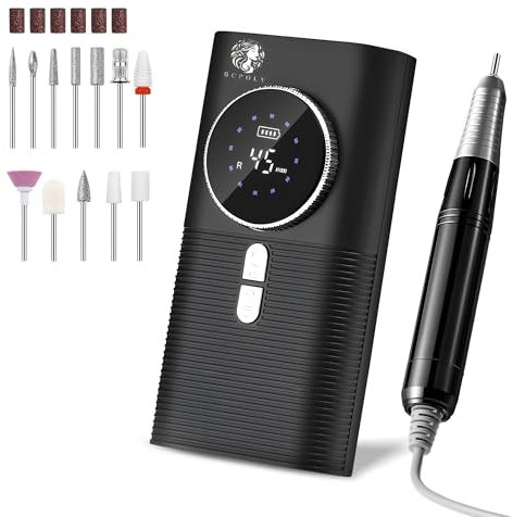 BCPOLY Ponceuse pour Ongles professionnelle 45000RPM - Puissante et Silencieuse -15H d'autonomie - Écran LCD - Embout Céramique - Manucure/Pédicure - 11 Embouts de ponçage - 6 bandes abrasive (NOIR)
