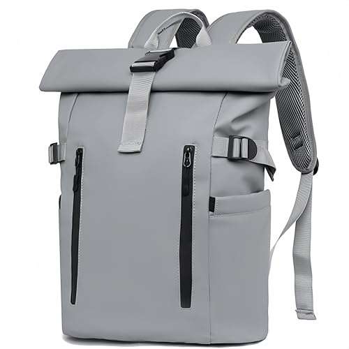 Ruschen RollTop ryggsäck män kvinnor, laptopryggsäck cykelryggsäck skolryggsäck dagsryggsäck reseryggsäck dagväska med 15,6 tums laptopfack, GRÅ, L