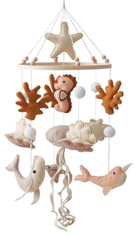 Baby Windspiele, Meerestiere Mobile Baby Windspiele mit Filzbällen, Holz Hängende Baby Windspiel, Babybett Anhänger, Geschenk für Baby Mädchen oder Jungen