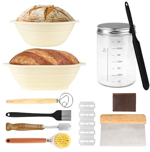 Set cottura pane 9 pezzi, comprensivo di 2 cestino lievitazione pane, frusta danese, coltello, lametta, bicchiere lievitazione, spatola, pennellino per olio, spazzolino per pulizia