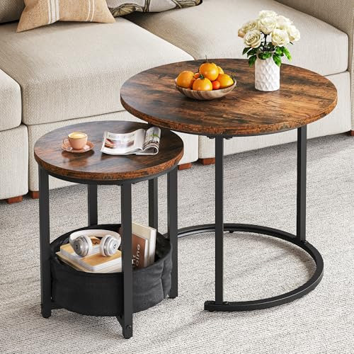 YITAHOME Couchtisch 2er Set Rund, Wohnzimmertisch Modern mit Stofftasche zur Stauraum, Beistelltisch 2er Set Stapelbar mit Holzplatte und Metallrahmen, Couch Tisch Wohnzimmer Heimbüro