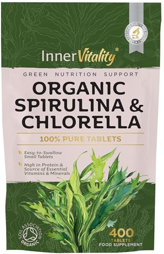 Organic Spirulina & Chlorella 400 Easy to Swallow Tablets - Natural Vitamins & Minerals - Broken Cell Wall, Pure 2000mg Daily Dose Supplement by Inner Vitality
