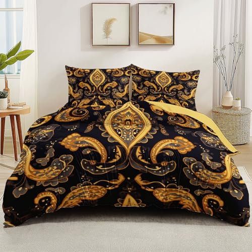 Bettwäsche Orientalisch Muster Dekoration Für Kinder, Jungen Bettbezug-Set Für 135 X 200 cm Mikrofaser Wende Bedruckte Bettbezug Gold Dunkelblau Mit Reißverschluss Und 2 Kissenbezüge Bequem