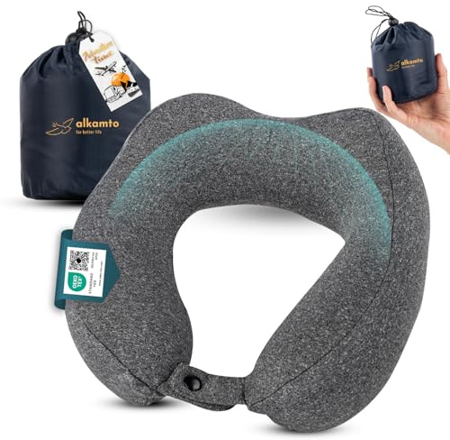 alkamto Memory Foam Nackenkissen – Ergonomisches Reisekissen für Flugzeug & Auto – Atmungsaktiver & Waschbarer Bezug – Komprimierbar mit Tragetasche – Oeko-TEX Zertifiziert