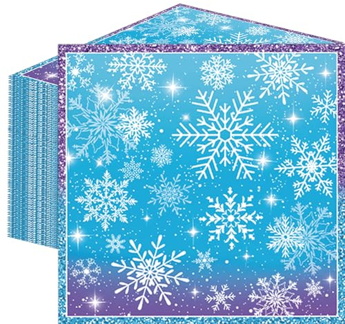50 Count Snowflake Winterland Paper Napkins, Disposable Snow Party Napkins for Christmas Dinner, Winter Birthday Gatherings, Baby Shower, Snow-Themed Table Decorations