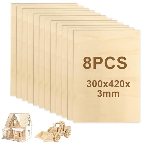 MeYuxg Lot de 8 plaques de contreplaqué de 3 mm - A3 42 x 29,7 cm - Plaques en bois de tilleul - Pour travaux manuels, plywood, contreplaqué de tilleul, pour la peinture, le travail laser, l'artisanat