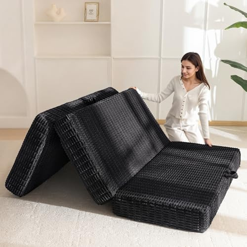 BYBYME Corduroy Memory Foam Tri-Folding Mattress, 6 Inch Gel Folding Mattress Topper, Foldable Soft Guest Bed Camping Pad, with Washable Cover (Black, Full)