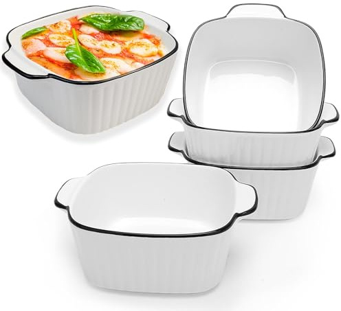 Set di 4 Pirottini da Forno in Ceramica, Set di Piccole Pirofila in Ceramica 400 ML, 14,9x11,5x5,7 CM Piatti da Forno Quadrati, Pentole in Ceramicas con Manici, per Microonde, Friggitrice ad Aria