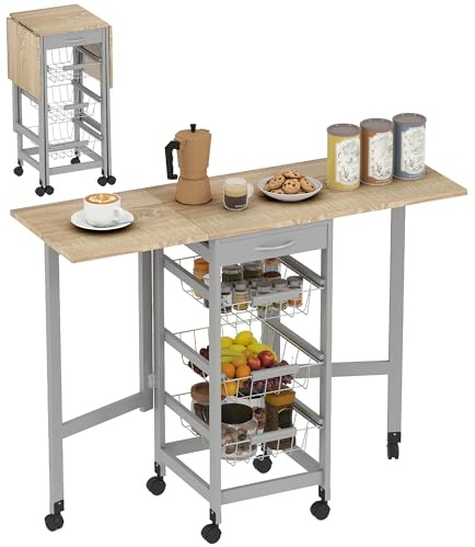 HOMCOM Carrito de Cocina con Alas Plegable, Carrito Auxiliar con Ruedas, Verdulero con Cajón y 3 Cesta de Metal, 97,2x37x77,5 cm, Gris y Roble