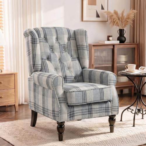 HOMCOM Wingback Accent Chair Thick Spring Cushion High Back Mixed Plaid | Faux Linen Armchair, Solid Wood Legs, Retro Button Tufted Reading Chair, for Living Room, Bedroom