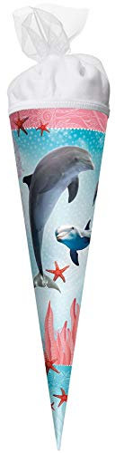 ROTH Geschenk-Schultüte klein Delfin mit Seesternen 50 cm - rund Tüllverschluss - Zuckertüte