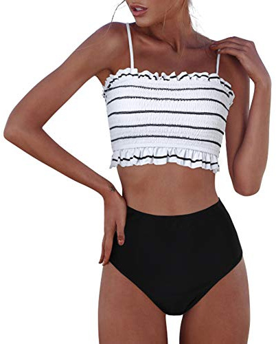 RXRXCOCO Womens Shirred Bandeau Bikini Cute Two Piece Swimsuit Off Shoulder High Waist Bathing Suit White Small
