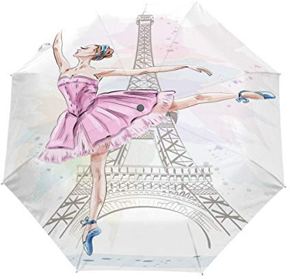 HMZXZ RXYY Parigi Torre Eiffel Rosa Ballerina Danza Pieghevole Auto Open Close Ombrello per Donne Uomini Ragazzi Ragazze Antivento Compatto Viaggio Leggero Ombrello Pioggia, Multicolore, Closed