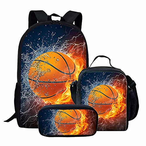 NETILGEN Fire Basketball Print Schultaschen-Set, Kinder und Jungen lebendiges Design 3-teilige Schultasche mit isolierter Kleiner Lunchbox, Bleistifthalter, Schreibwarenbox