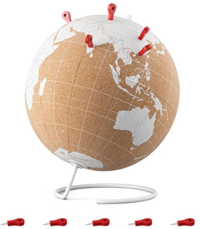 Navaris Globo terráqueo de Corcho - Globo del Mundo con 10x Chinchetas Rojas - Bola del Mundo de Corcho de 20 cm - Planeta Tierra Mapa Mundi Bola para Niños Escritorio- Blanco