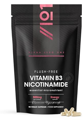 Vitamin B3 Nicotinamide (Niacinamide) 500mg – No-Flush Niacinamide – 90 Vegan Capsules - Resealable and Recyclable Pouch by Alpha01