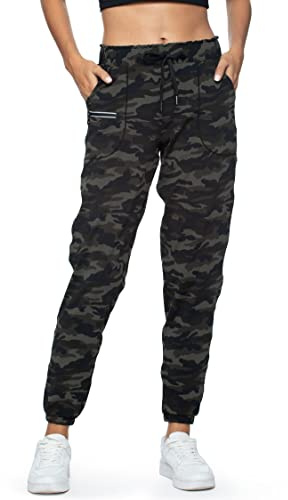Haowind Pantalon de Jogging pour Femme avec Poches réfléchissantes - Taille élastique - Pantalon de Sport Confortable pour Le Yoga, la Course à Pied, Camouflage Vert, Taille L