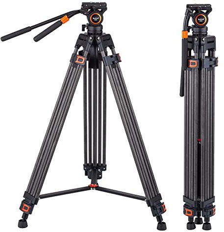 Trípode de Fibra de Carbono, Refoni CF60L Trípode de Vídeo de 180 cm y Cabezal de Video Fluido con 60 mm de Base Plana para DSLR y videocámaras, 2 Brazos de Control, La Carga máxima de 6 kg
