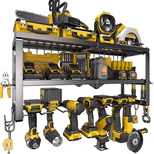Spampur Power Tool Organizer for Tool Storage, Drill Holder Wall Mount with Screwdriver Organizer, Tool Holder for Garage Wall Organization, Heavy Duty Metal Tool Shelf with Battery Holder