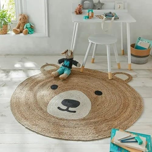 KLAVATE Wohnzimmer, Küche handgewebter Teppich geflochtener dekorative Jute-Teppiche für Bauernhaus Bereiche Teppiche Teddybär-Muster geflochtene runde Kinderzimmer (3 Fuß)