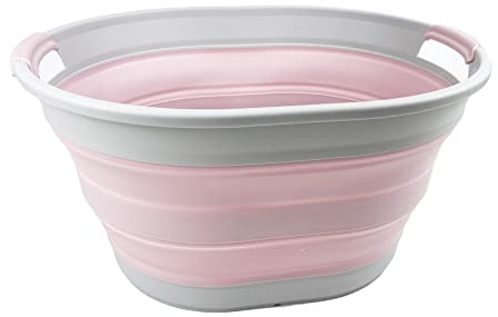 SAMMART 23L Collapsible Plastic Laundry Basket - Oval Tub - Foldable Storage Container/Organizer -Portable Washing Tub -Space Saving Laundry Hamper (Grey/Pale Pink)