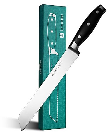 linoroso Coltello per Pane da 8 Pollici, Lama Dentata Intera Ultra Affilata, in Acciaio Inossidabile al Carbonio Tedesco Forgiato - Serie Classica