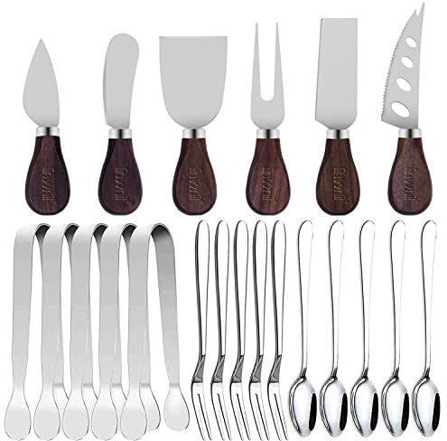 YUANQIAN Cheese Knife Set,6pcs Cheese Spreader Knives with Black Walnut Handle Steel Stainless 6 Slate Markers 4 Mini Spoons 4 Forks for Charcuterie Board Accessories