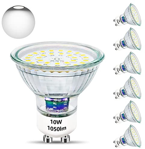 Unikcst Lampadine led GU10 10W Lampadina sostituisce 100W alogena Base 6000K Vetro 1050LM Lampadina LED luminosa 230V Angolo di fascio 120° non dimmerabile 6 Pezzi