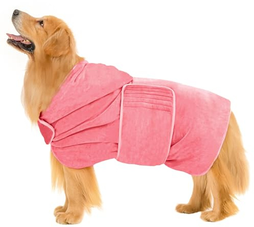 Avont Dog Drying Coat - Microfibre Bath Robe Towel for Fast Drying and Super Absorbency with Hood & Belly Straps, Ultra Soft Puppy Dressing Gown Doggie Shower Towelling Pet Bathrobe -Pink (S)