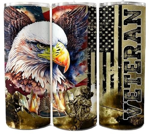 Veteran Eagle American Flag Tumbler Sublimation Wrap - Patriotic Ready to Press Sublimation Transfer for Tumbler- 20 oz Straight, Military