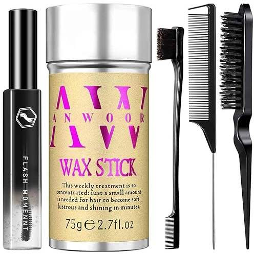 5pcs Hair Styling Kit: Non-Greasy Hair Wax Stick, Flyaway Finishing Stick & 3pcs Slick Back Hair Brushes - Flyaways Control, Smooths Frizz & Defines Edges - Styling Accessories for Women, Kids & Men