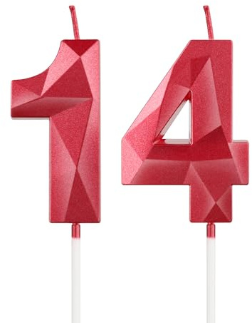 mciskin Red 14th Birthday Candles, 3D Number 14 Candles for Cake, Girls Boys 14th Birthday Decorations,Pearl Red Candle Cake Topper Decorations for Birthday Party Weddings Anniversary Supplies