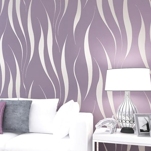 Beswitory Purple Wallpaper Modern Minimalist 3D White Wave Wallpaper for Living Room Bedroom TV Backdrop Kitchen, Feature Short Wave Stripe Geometric Pattern