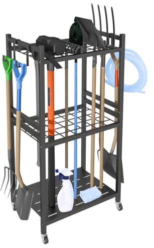 Organizador de herramientas de jardín con 4 ganchos, soporte de metal para herramientas de jardín para escobas, fregonas, rastrillos, herramientas de jardín, almacenamiento para jardín y garaje,