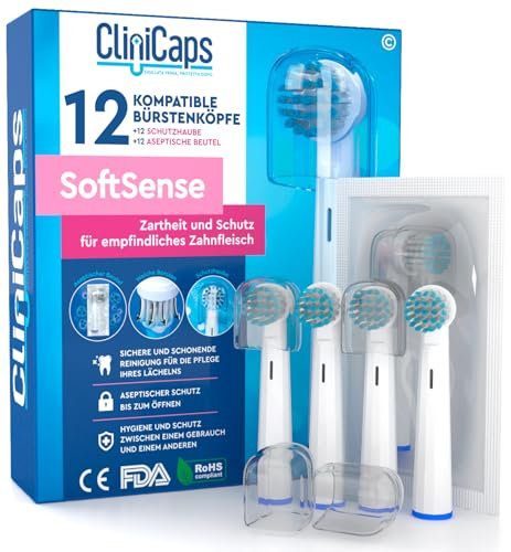 12 Testine Morbide Spazzolino Elettrico Ricambio Compatibile con Oral-B Setole Morbide per Gengive Sensibili CliniCaps SoftSense Colore Bianco Doppia Protezione Bustina Asettica e Cappuccio Protettivo