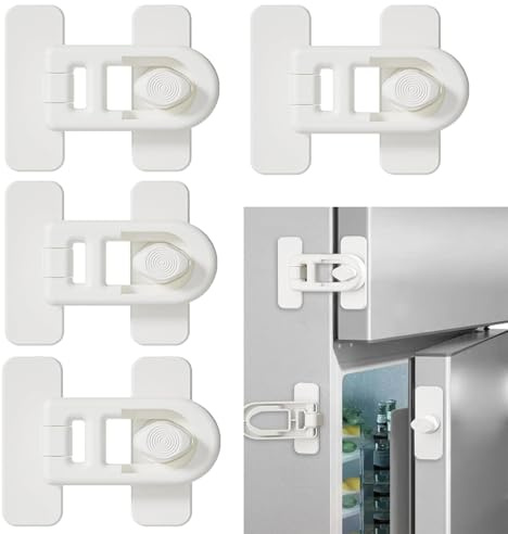 MEISO 4 Piezas Cerraduras para Refrigerador a Prueba de Niños, Cerradura Nevera, Seguridad Puertas Niños Autoadhesivo, Cierre Seguridad Cajones Ajustable, para Armarios, Cajones, Frigoríficos (Blanco)