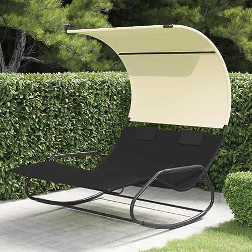 Chaise Longue Double à Bascule, avec Toit Ouvrant Anti-UV, Structure Acier Thermolaqué, Textilène Imperméable, Rocking Chair Extérieur, Transat Jardin,Noir et Crème, 175.5 x 137.5 x 182.5 cm