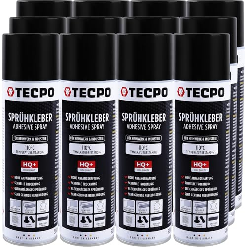 TECPO Colla spray 1K, 12 x 500 ml, per baldacchino, schiuma, cielo nuvoloso e pannelli acustici, spray adesivo trasparente fino a 110 °C, resistente al calore
