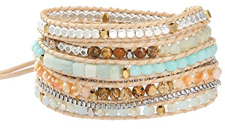 Plumiss Women Boho 5 Wraps Handmade Beaded Statement Stainless Steel Box Chain Bracelet Jewelry