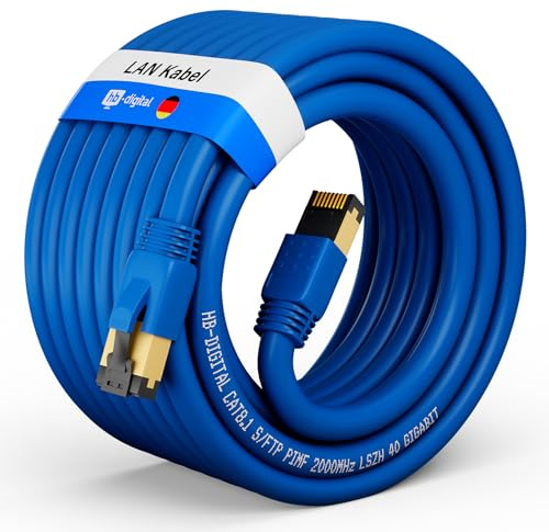 hb-digital 20m Patchkabel CAT 8.1 LAN nätverkskabel S/FTP PIMF 2xRJ45 Plug koppar LSZH Halogenfri RoHS-kompatibel 40 Gbits Ethernet Port 2000 MHz Internet DSL, PC, Router, Switch, Modem, TV blå