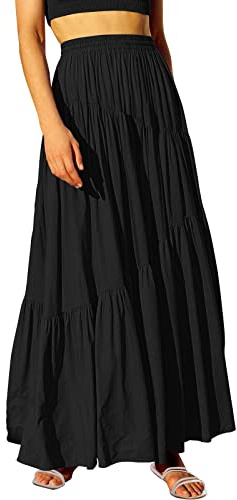ANRABESS Women’s Boho Elastic High Waist Pleated A-Line Flowy Swing Asymmetric Tiered Maxi Long Skirt Dress with Pockets Black X-Large