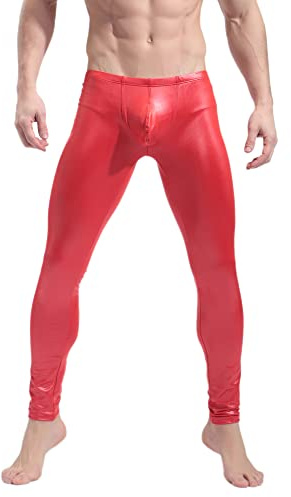 BaronHong Tighta byxor i konstläder herr Nattklubb metalliska leggings långbyxor(röd,S)