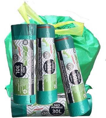 Lot 80 sacs poubelle 30 L, 100% recyclable, avec lien coulissant, écologique, rigide étanche pratique, durable. Livré en 4 rouleaux de 20 sacs. Tri sélectif, recyclage éco-responsable.