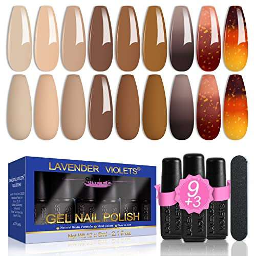 Lavender Violets 13 Pcs Gel Nail Polish Set Grey Brown Temperature Colour Changing Orange Yellow Cozy Café Nude Nail Art UV LED Soak Off With Base Coat,Matte n No Wipe Top Coat Nail File Manicure C616