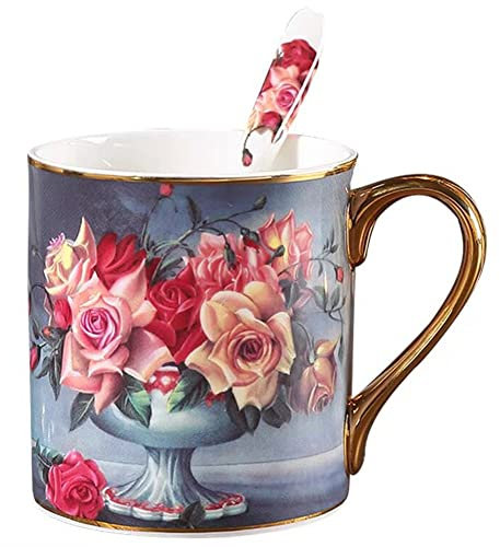 YBK Tech Tasse à thé en porcelaine de Chine en os, tasse à café de 12 onces pour la maison, cuisine, bureau, motif à roses vintage (gris)