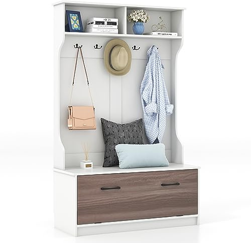 COSTWAY Perchero Entrada Recibidor con Zapatero, 1 Solapa, 5 Ganchos Dobles, 100 x 40 x 160 cm, Armario de Entrada, Armario Recibidor (Blanco)